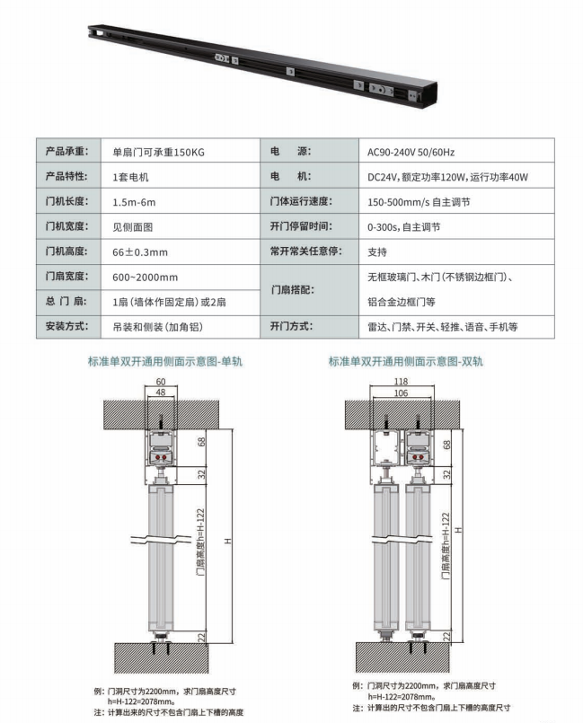 150PRO单开门机公开资料图，参数仅适用于图中资料所列型号