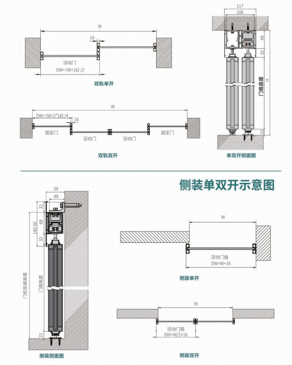 德恩科150磁悬浮自动门吊装与侧装示意图 德恩科150磁悬浮自动门吊装与侧装示意图
