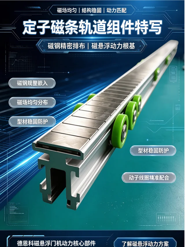 磁悬浮自动门定子磁条轨道组件特写,可见磁条排布与轨道型材