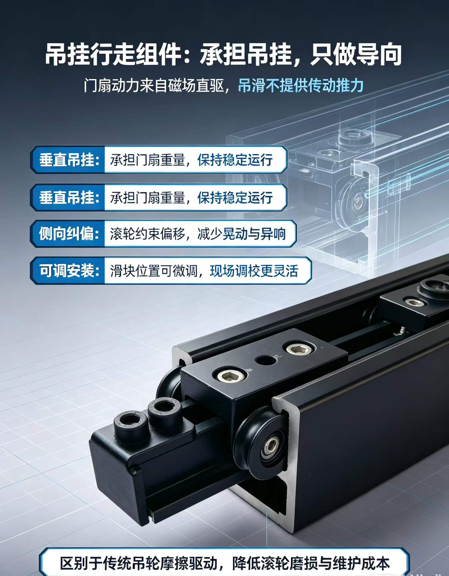 德恩科150磁悬浮自动门轨道吊挂行走组件，吊挂滑块与侧向滚轮安装在轨道上