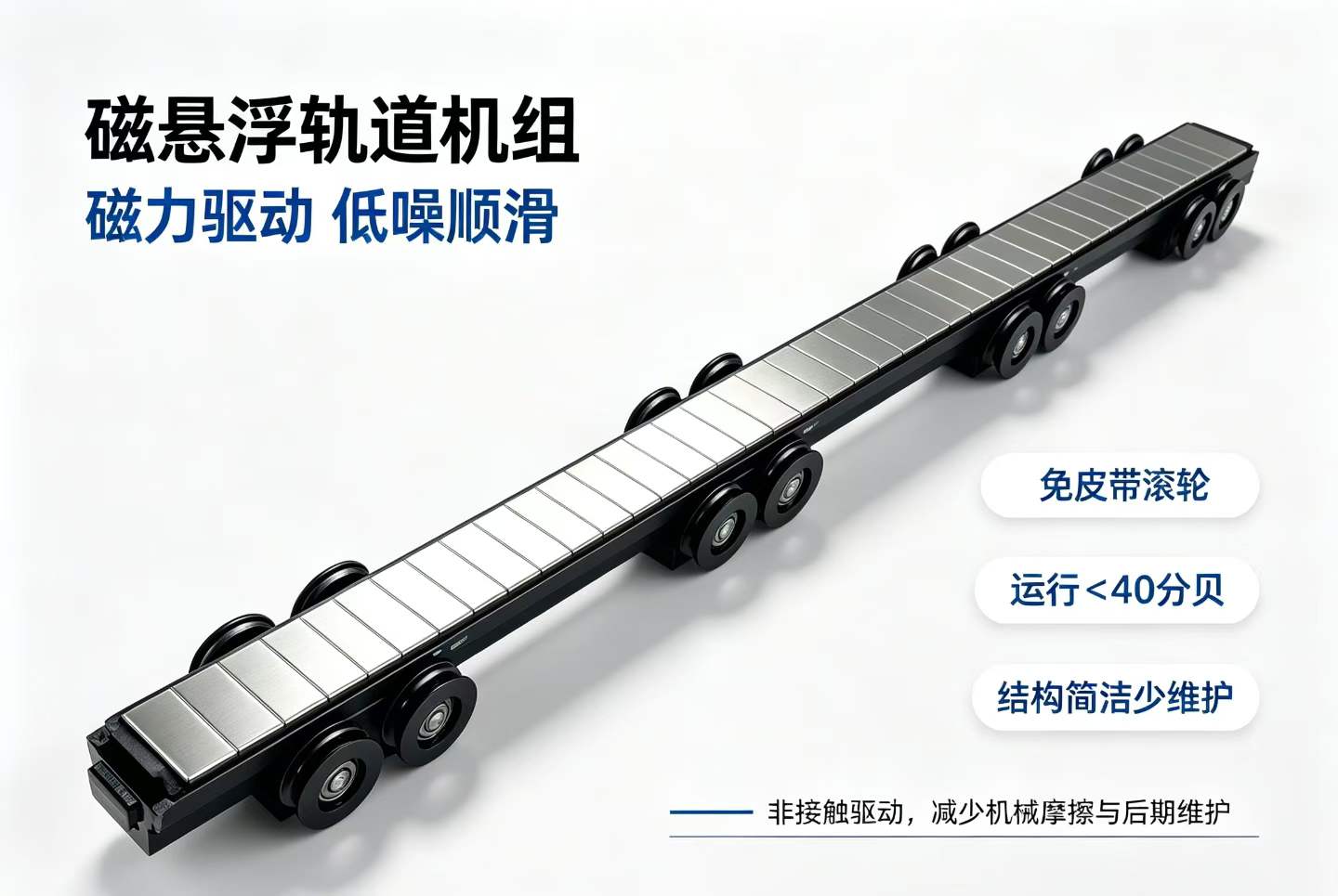 德恩科DEK150MAX磁悬浮动轨实物，长条磁钢面与多组导向滚轮