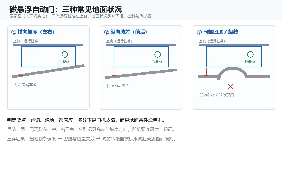 磁悬浮自动门地面三种不利条件示意:纵向坡度、横向坡度与门槛高差